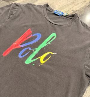 Polo Ralph Lauren Small Painted Script Logo T Shirt Black Multicolor Pony Preppy